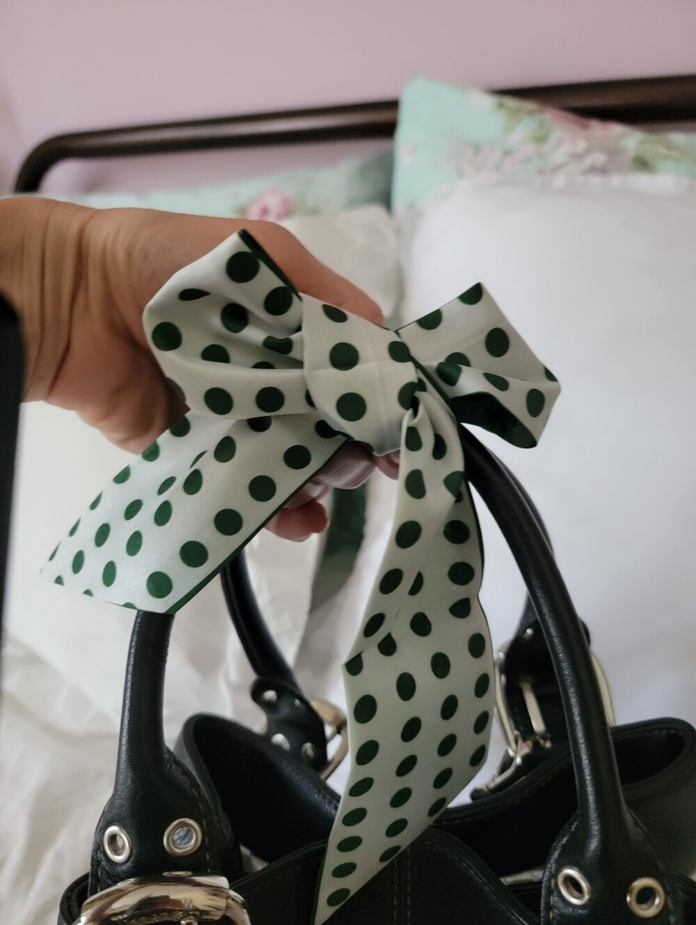 Green Polka Dot Bow Scarf Hair Tie - Picture 3 of 8